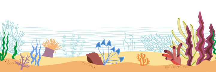Wall Mural - Seamless underwater panorama on white background. Vector illustration.