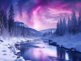Fototapeta Na ścianę - Nothern lights, mountains and lake winter landscape. New Year concept