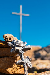 Wall Mural - Details of a stone rose with a summit cross from 1931 at Mount Arber, King of the Bavarian Forest, Top of Lower Bavaria, Bayerisch Eisenstein, Bodenmais, Bavaria, Germany