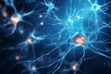 Wall Mural - neuron cells neural network under microscope neuro research science brain signal information transfe