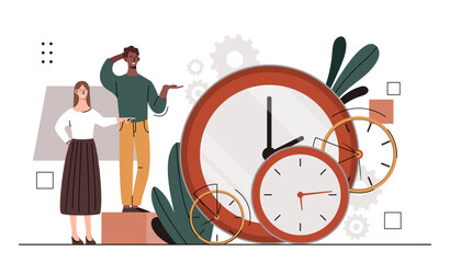 Poster - People with big clock. Man and woman with time management. Yougn guy and girl near watch. Scheduling and planning concept. Cartoon flat vector illustration isolated on white background