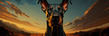 Closeup Of Doberman Pinscher Dog Illustration On A Sunset Sky Background.Animal Wide Web Banner