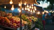 Market at dusk featuring a vibrant display of fresh, locally-sourced vegetables and fruits, with shoppers browsing the colorful stalls.