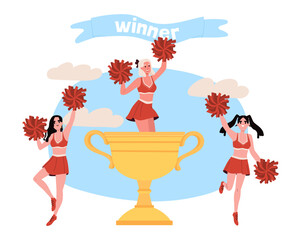 Cheerleader support concept. Women with golden cup. Supporters group in competition. Success and motivation. Female dancers in red skirts and tshirts. Cartoon flat vector illustration