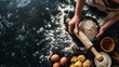 © TensorSpark - Hands holding a wooden rolling pin dusted with flour, set against a dark black table scattered with white flour. The image evokes a home baking and cooking scene, perfect for culinary enthusiasts.