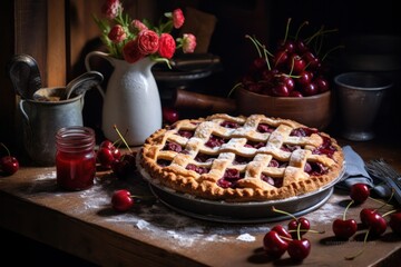 homemade cherry pie dessert in rustic kitchen food still life. National cherry pie day celebration on February 20 in America.