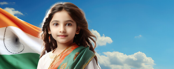 Sticker - India flag, a young girl in traditional attire. A fictional character created by Generative AI.