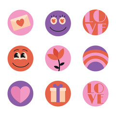Poster - Set of Valentine Day icons, round flat stickers with romantic symbols, flower and characters. Vector illustration.