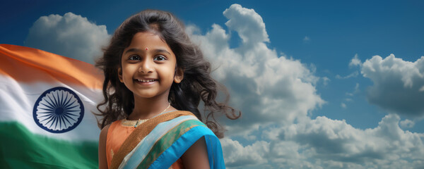 Poster - Proud to be Indian - A Young Girl Smiling and Representing the Indian Flag. A fictional character created by Generative AI.