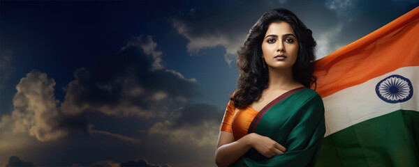 Poster - Beautiful Indian woman wearing traditional orange and green saree. A fictional character created by Generative AI.