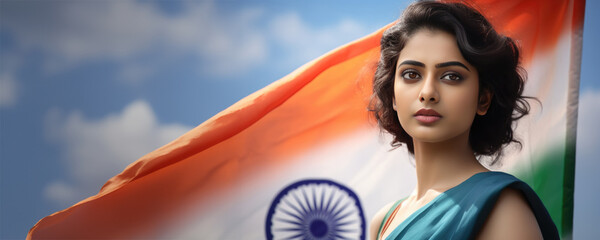 Poster - Beautiful Indian woman wearing traditional garb, posing with a flag. A fictional character created by Generative AI.