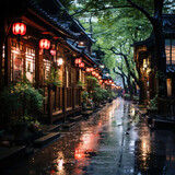 Fototapeta Londyn - Rainy Evening in a Traditional Japanese Street