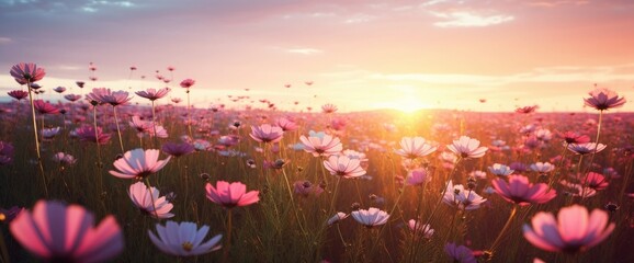 Sticker - Beautiful and amazing of cosmos flower field landscape in sunset. nature wallpaper background