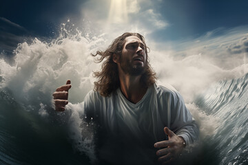 Wall Mural - Jesus between water waves