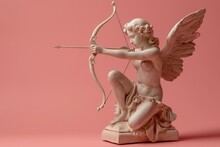 Aiming For Love: An Isolated Cupid With His Bow And Arrow, Taking Aim Against A Pastel Background, Providing A Romantic And Minimalistic Illustration With Ample Space For Copy