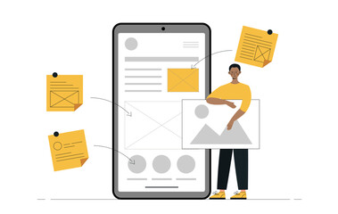 Poster - design and programming concept. man with picture near smartphone screen. ui and ux design for softwa