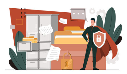 Poster - document archiving storage concept. man in hero cape with shield near folder with files. personal da