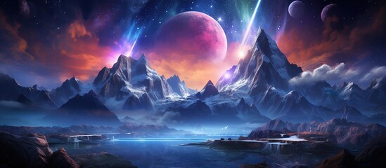 Wall Mural - Fantasy landscape with mountains and waterfalls under a pink moon