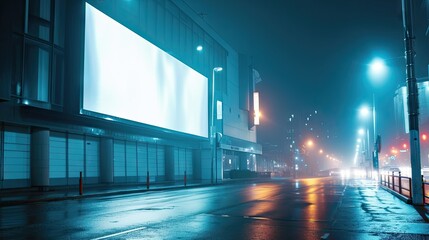 Poster - Empty billboard on the street in the foggy night, night city