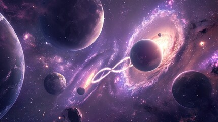  infinity sign in the galaxy and planets. purple tones, banner, poster