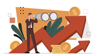 Poster - financial occupation concept. man with binocular near golden coins and growth arrow. budgeting and a