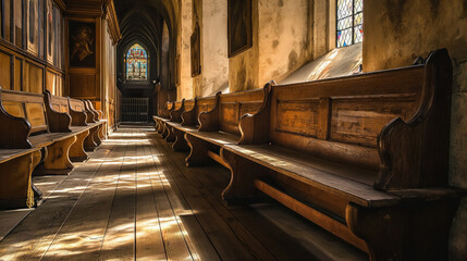 Sunlit pews in a quiet church.