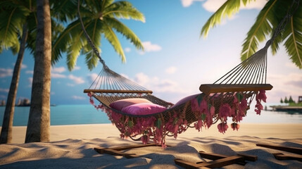 hammock for relaxing on the beach under palm trees near the ocean