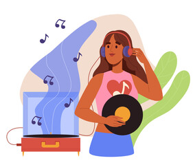 Poster - Woman listens to music. Young girl in hedadphones with vynil disc. Music lover with favorite songs and playlist. Leisure and rest. Cartoon flat vector illustration isolated on white background