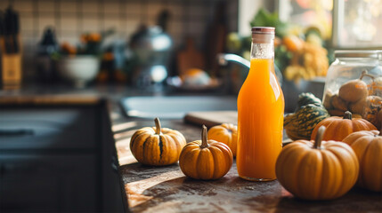 Wall Mural - Squeeze juice, orange pumpkin juice on wooden kitchen table with copy space.