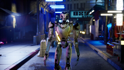 robot walking along a street in a big city. humanoid AI robot crossing street. 3d render. future automation job.