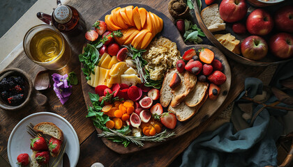 Gourmet Cheese and Fruit Platter with Artisan Breads and Fresh Herbs