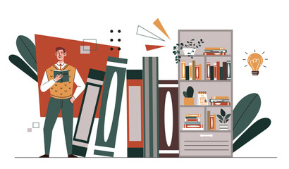Wall Mural - Man in library concept. Young guy with books, textbook and fiction. Character near shelves with books. Love for reading and literature. Education and learning. Cartoon flat vector illustration