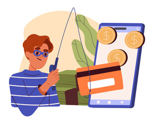 Poster - man steals information concept. young guy hacker in glasses with fishing rob near smartphone with ba