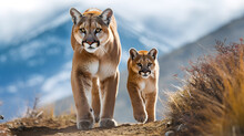 Puma And Her Cub Walking In The Desert Highlands