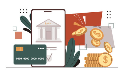 Poster - Mobile banking concept. Smartphone with bank building near golden coins. Cashless transfers and transactions, digital wallet. Cartoon flat vector illustration isolated on white background