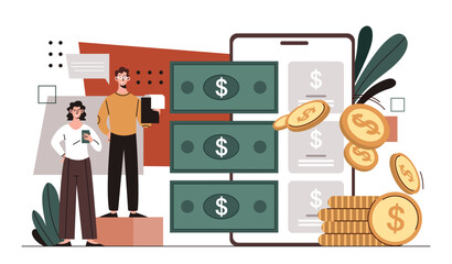 Wall Mural - Money transfers concept. Man and woman with banknotes and golden coins. Digital wallet. Electronic transfers and transactions. Financial management and economy. Cartoon flat vector illustration