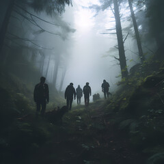 Wall Mural - A group of friends hiking in a misty forest.