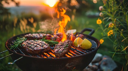 a sizzling summer barbecue scene featuring juicy meats and fresh vegetables being grilled to perfect