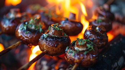 Wall Mural - Sizzling grilled BBQ mushrooms with a smoky aroma, charred to perfection over roaring open flames, capturing the essence of outdoor cooking.