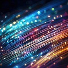 Abstract closeup fiber optic light for background, scene with bright lights, image made with generative ai technology.