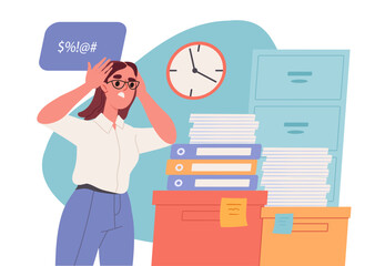 Poster - woman with problems at work. young girl with stack of documents and papers. overworked businesswoman