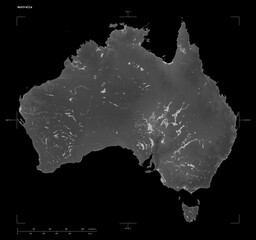 Australia shape isolated on black. Grayscale elevation map