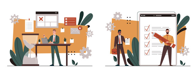 Poster - Schedule planning set. Two men with to do list and calendar. Time management and scheduling, organizing effective work process. Cartoon flat vector collection isolated on white background