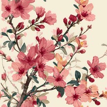 Vintage Style Watercolor Pink Cherry Blossom Flowers Seamless Pattern
