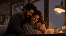 Capture The Quiet, Tender Moments Of A Couple Celebrating Valentine's Day In The Comfort Of Their Home. Showcase Scenes Like Cozying Up On The Couch With A Blanket, Exchanging Heartfelt Gifts, O