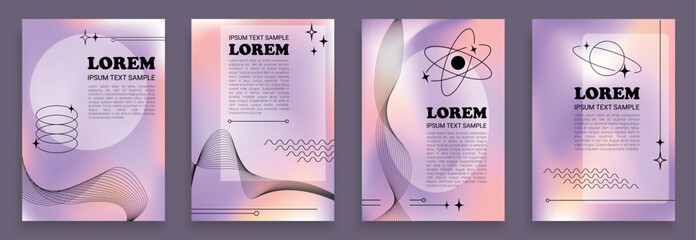 Poster - Abstract 2000s aesthetic backgrounds with Lorem Ipsum text, four liquid holographic backdrops, prints, banners and posters in 00s graphic style. Vector illustration.