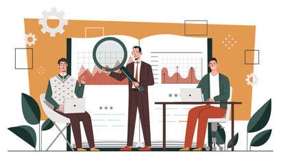 Poster - Team training in office. Colleagues and partners work at common project and start up. Analysts conduct marketing research. Men with magnfying glass and statistics. Cartoon flat vector illustration