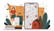Woman prepare to travel. Young girl near smartphone screen with map. Holiday and vacation. Tourist and traveler with route and bags. Geolocation and navigation. Cartoon flat vector illustration