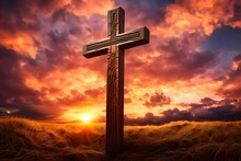 A Serene Image Featuring A Wooden Christian Cross Beautifully Crafted Against The Backdrop Of A Vivid Sunset Sky, 