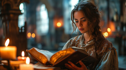 Wall Mural - Woman Reading Bible in Church